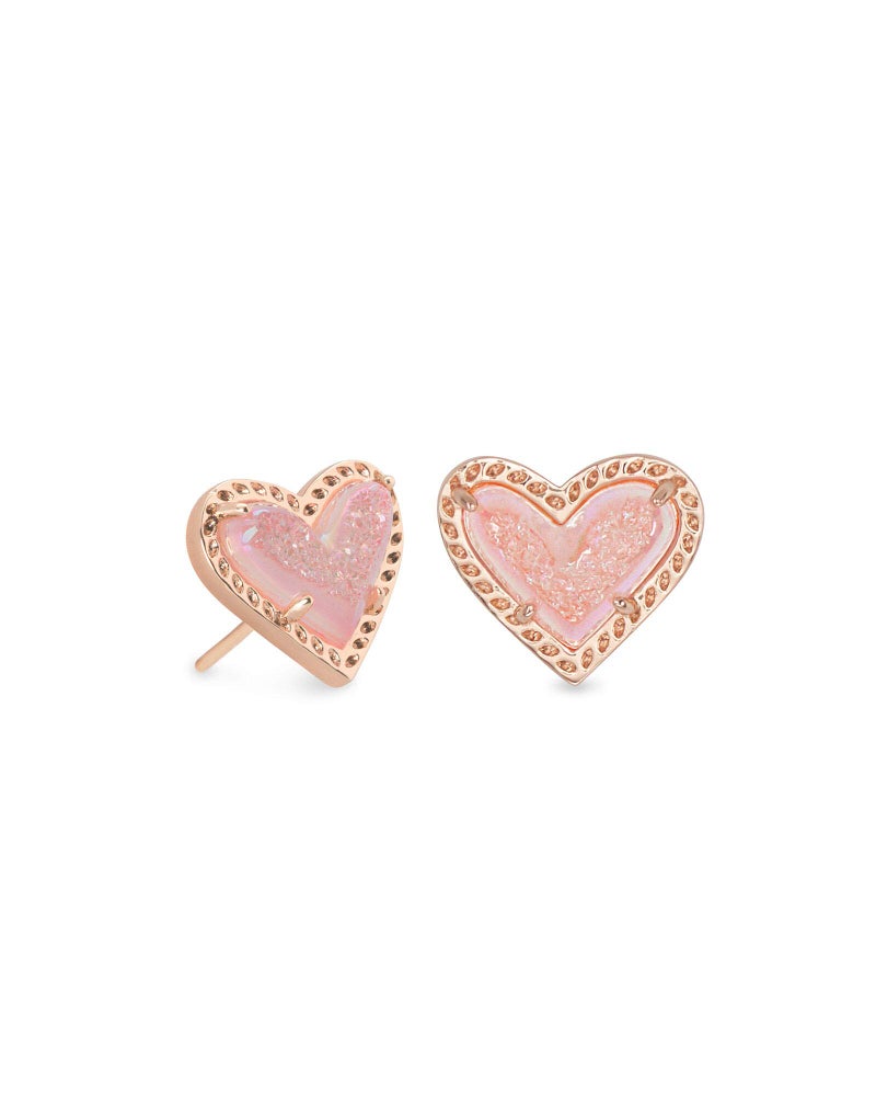 Kendra Scott Ari Heart Stud Earrings for Women, Fashion Jewelry, 14k Rose Gold-Plated, Pink Drusy - Image 1